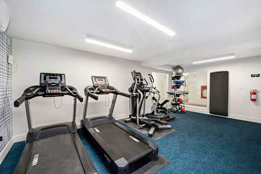 A gym with treadmills and exercise equipment.