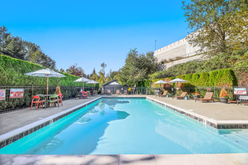 a swimming pool with chairs and umbrellas next to a resort style pool