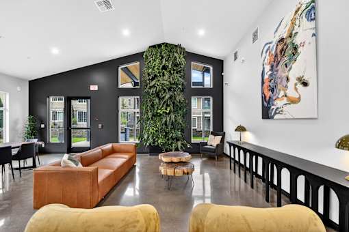A living room with a large couch and a green plant.