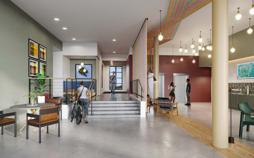a rendering of the lobby of a building with people walking around and tables and chairs