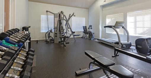 a gym with cardio equipment and weights on the floor