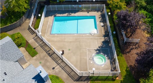 an aerial view of a swimming pool in a backyard