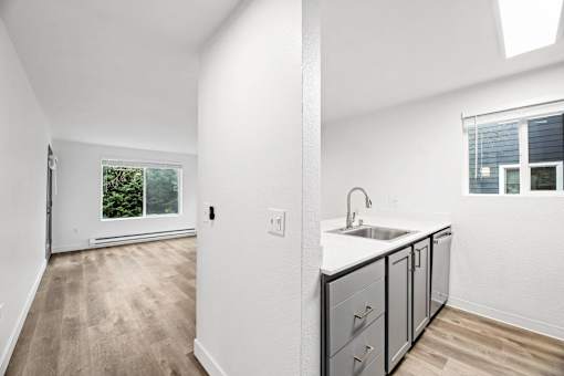 A kitchen with a sink and a window.