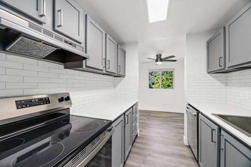 A modern kitchen with a stove top oven and a fan.