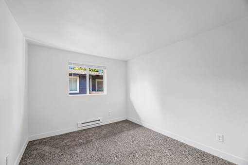 A room with a window and a carpeted floor.