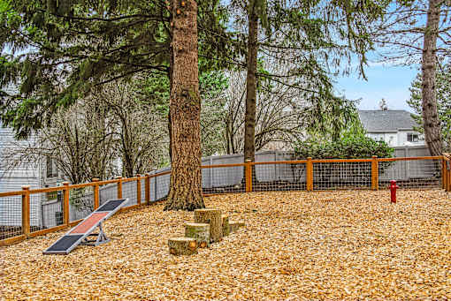 A playground with a slide, a tree, and a red fire hydrant.