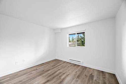 A room with a window showing a view of trees and a building outside.