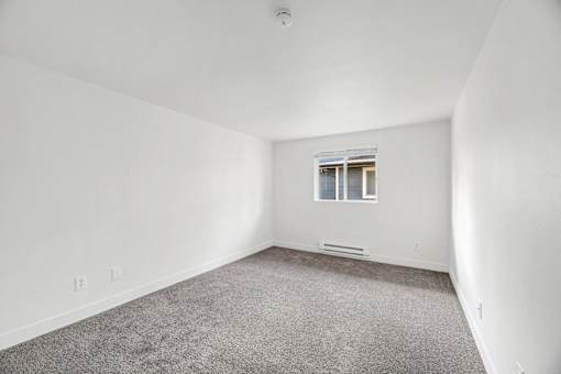 A room with a carpeted floor and a window.