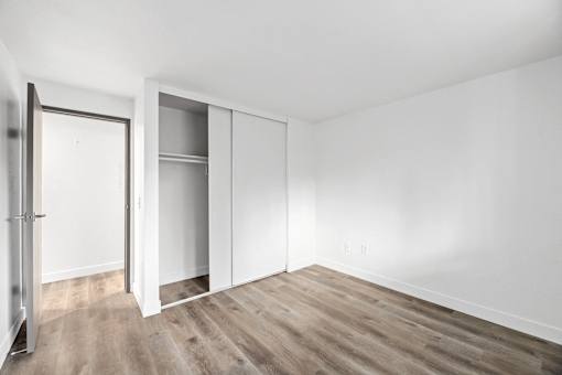A room with a white wall and a wooden floor with a closet.