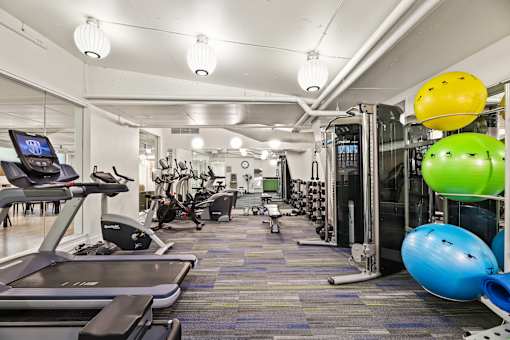 A gym with treadmills, exercise balls, and other equipment.