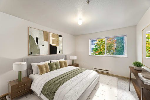 a bedroom with a bed and a window