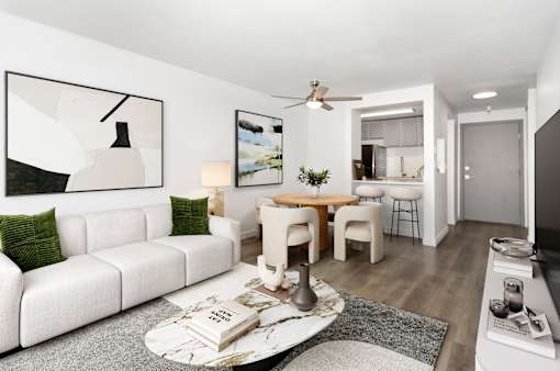 a living room with a couch and a table