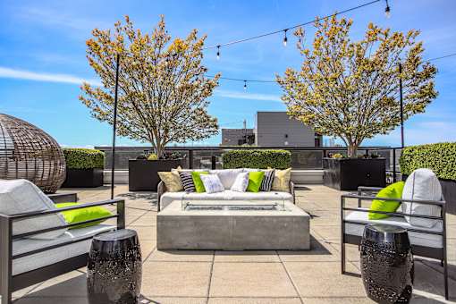 A patio with a couch, chairs, and a table with a tree in the background.
