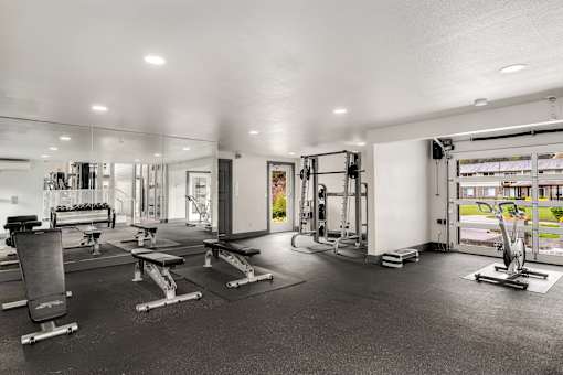 the gym with weights and cardio equipment at the apartments