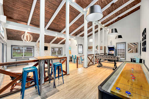 a games room with a shuffleboard table and a ping pong table