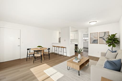 A living room with a grey couch, a coffee table, a dining table with chairs, and a plant.