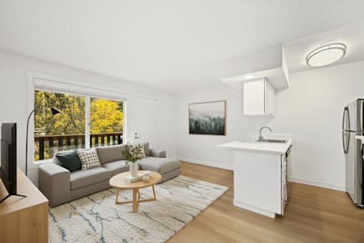 A living room with a grey couch, a coffee table, a television, and a fridge.