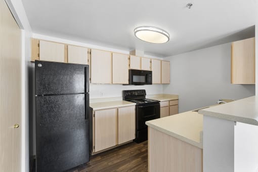 a kitchen with a black refrigerator and a stove and