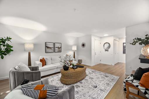 A living room with a grey couch, a white sofa, a woven basket on the rug, and a potted plant.