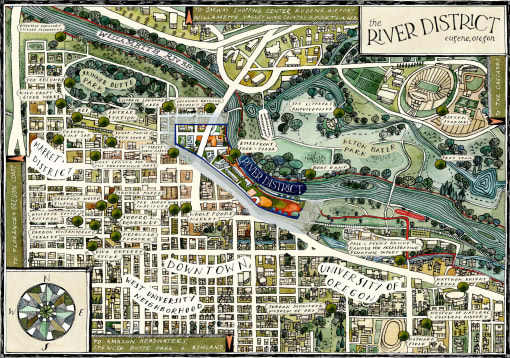 a pictorial map of the river district of the city