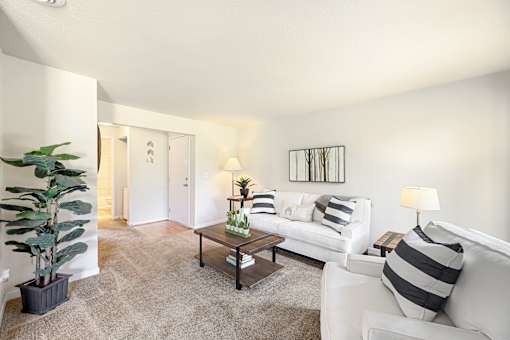 A living room with a white couch and a coffee table.