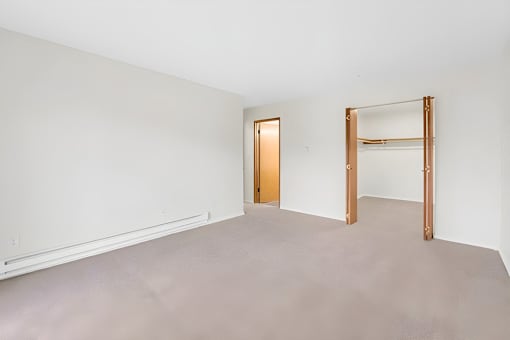 A room with a white wall and a brown door.
