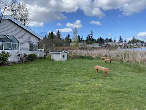 A backyard with a wooden bench and a house.