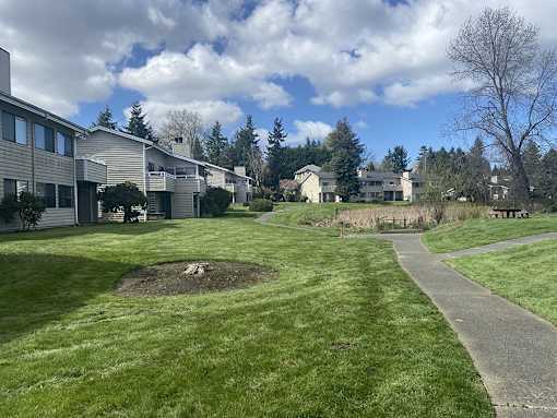 A grassy field with a walking path and a few houses in the background.