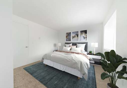 A bedroom with a bed, a potted plant, and pictures on the wall.