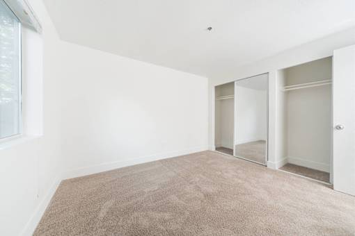A room with a carpeted floor and a window.