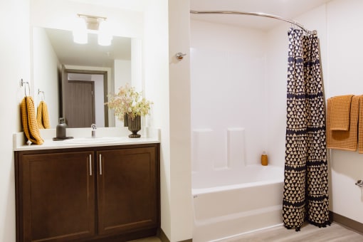 a bathroom with a sink and a tub and a mirror