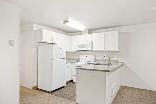 A white kitchen with a fridge, microwave, dishwasher, and sink.