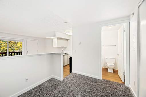 A white bathroom with a toilet and a window.