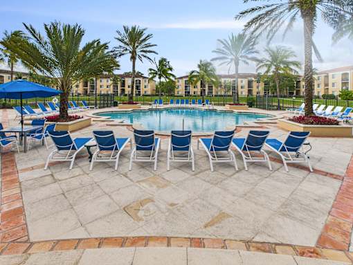 A pool surrounded by chairs and palm trees.