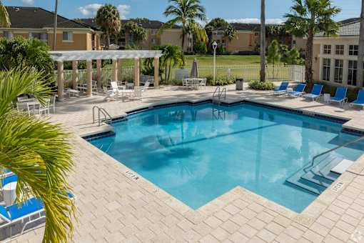 A pool surrounded by a patio and palm trees.