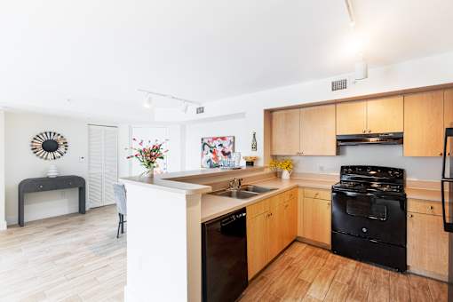 a kitchen with wooden cabinets and black appliances and a counter top