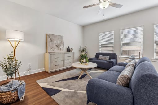 a living room with couches and a coffee table