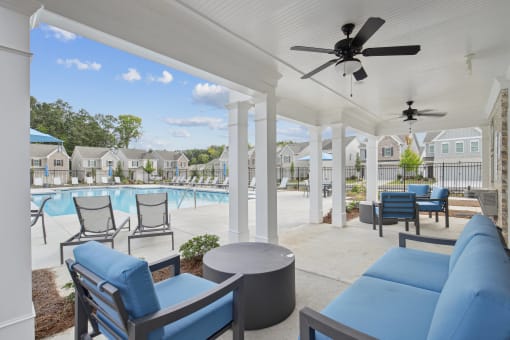 a covered patio with couches and chairs and a pool