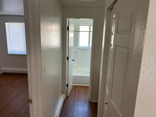 A hallway with a door on the right and a window on the left.