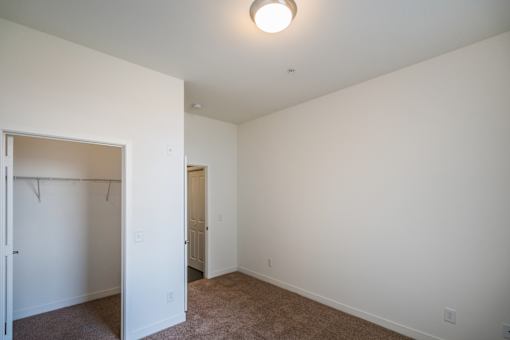 A white room with a carpet floor and a ceiling light.