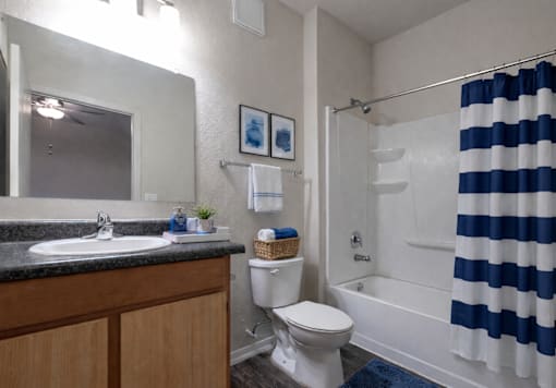 A bathroom with a white toilet and a blue and white striped shower curtain.