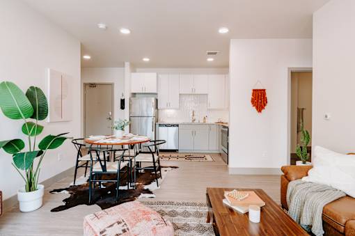 A living room with a dining table and chairs, a couch, and a potted plant.