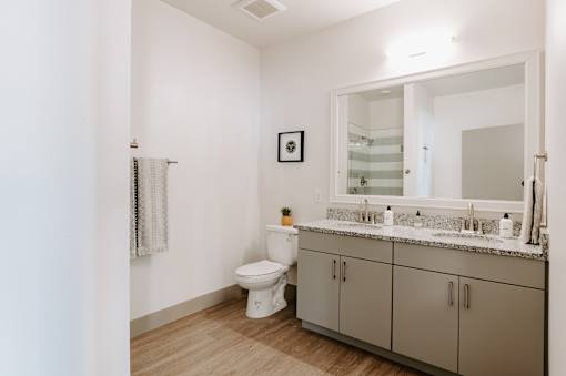 A bathroom with a toilet, sink, and mirror.