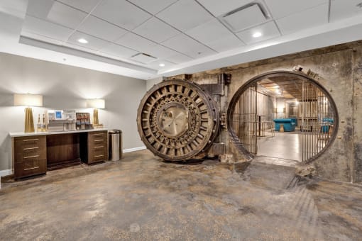 a large clock in the center of a room at Metro67, Memphis, Tennessee