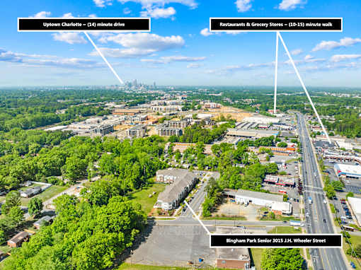 An aerial view of a city with a senior high school and two directional arrows indicating the distance to uptown Charlotte and restaurants and grocery stores.