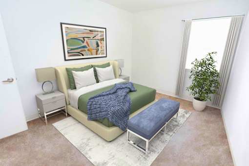 A bedroom with a bed, a bench, and a potted plant.