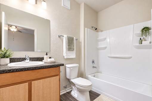 A white toilet is in a bathroom with a wooden counter.