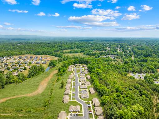 A bird's eye view of a residential area surrounded by greenery.
