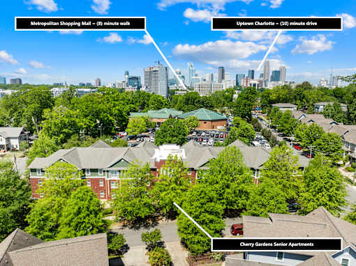 A bird's eye view of a residential area with a shopping mall, apartment complex, and a city skyline in the distance.
