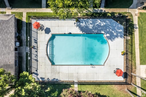 arial view of a swimming pool in a backyard at Azure Place Apartments, Memphis, TN